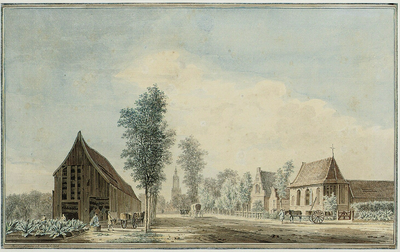 26183 Gezicht op de Hogeweg te Amersfoort in de richting van de stad, met links een tabaksschuur en rechts het Lazarushuis.